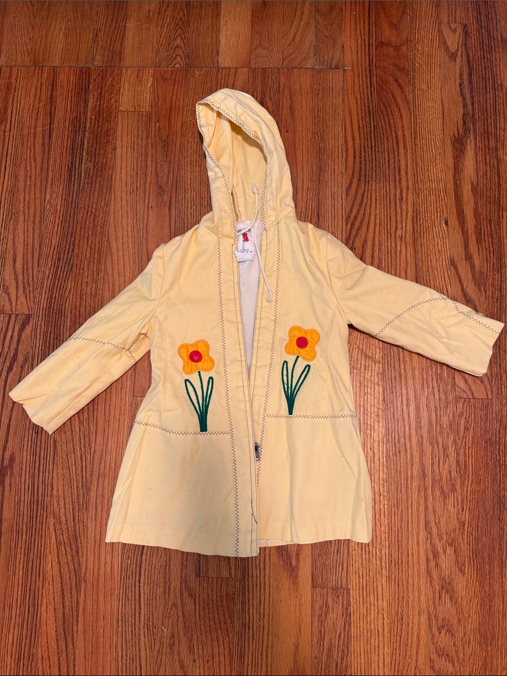 Vintage Yellow Hooded Overcoat lightweight with Flower Appliqués Koala Way